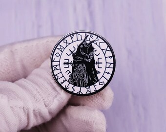 Valhalla - Viking Odin Raven Enamel Pin Crow With Runes And Scandinavian Runic Symbols Alphabets Brooch Badge Jewelry Gift for Friends