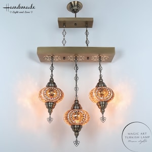 3 Globes Turkish Mosaic Hanging Lamp: Antique Brass Chandelier