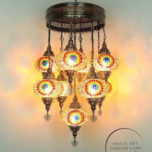Turkish Mosaic Chandelier: 9 Globe Hanging Lamp