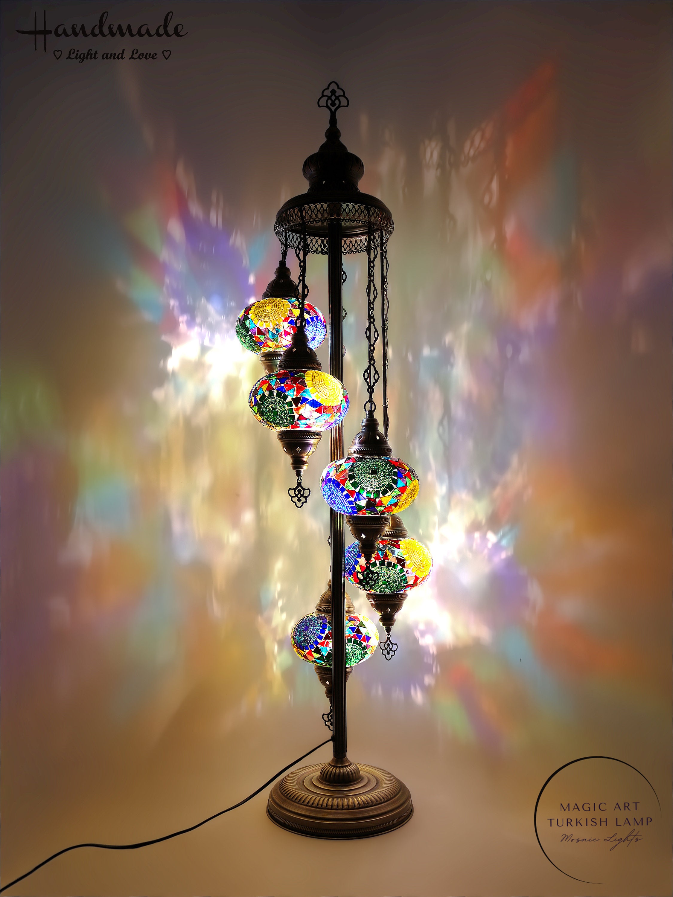 Turkish Mosaic Floor Lamp – 9 Globe Handmade Moroccan Standing Lamp, 70 Inches Tall