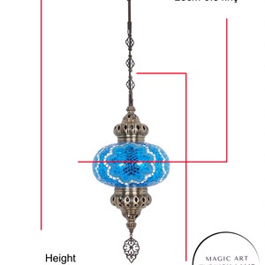 May include: A blue and white mosaic glass Turkish pendant lamp with a brass chain and decorative finial. The lamp is 34.64 inches tall and 9.84 inches wide. The chain is not included in the height measurement, which is 18.89 inches.