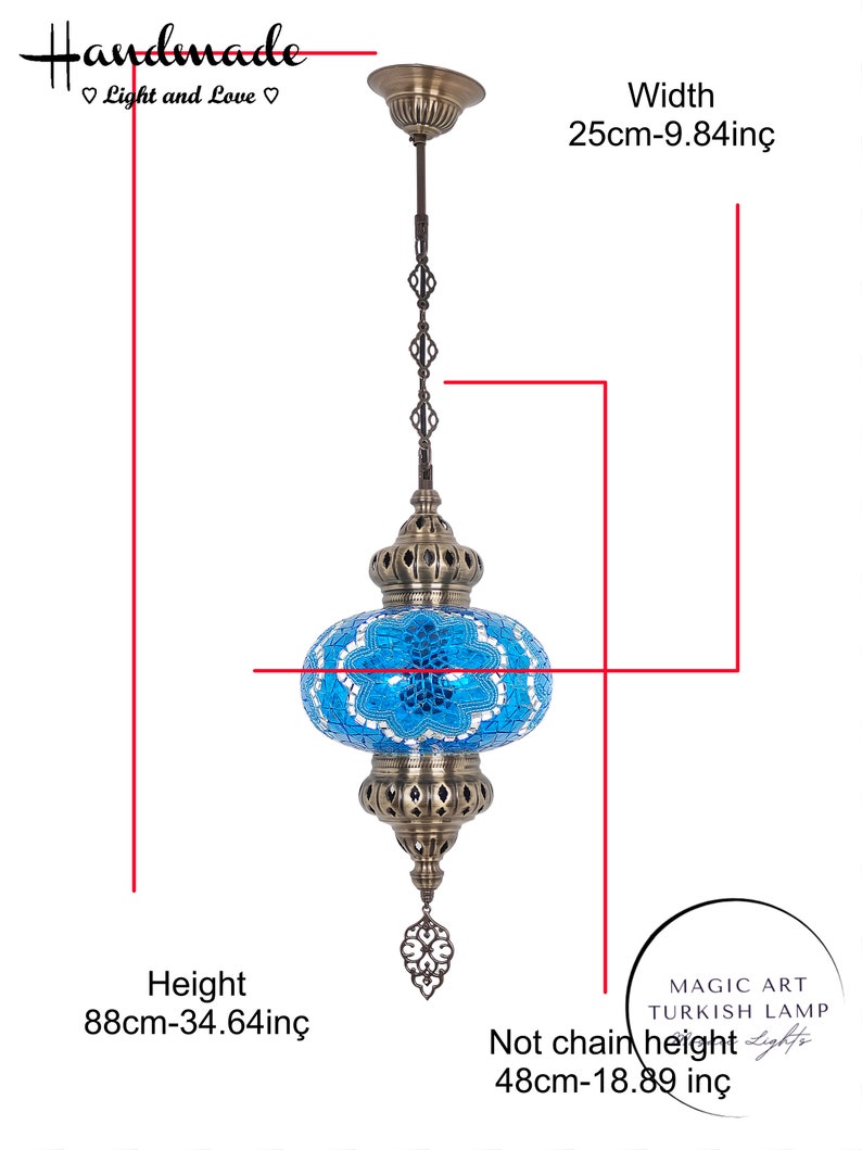 May include: A blue and white mosaic glass Turkish pendant lamp with a brass chain and decorative finial. The lamp is 34.64 inches tall and 9.84 inches wide. The chain is not included in the height measurement, which is 18.89 inches.