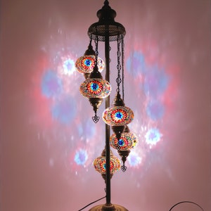 Marockansk mosaikgolvlampa: Turkisk lampa med 5 kulor, antik mässingsfinish