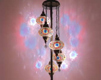 Moroccan 5 Globes Mosaic Standing Lamp, Bedside Floor Lamp, Stained Glass Mosaic Floor Lamp, Turkish Lights, Bedside Floor Lamp