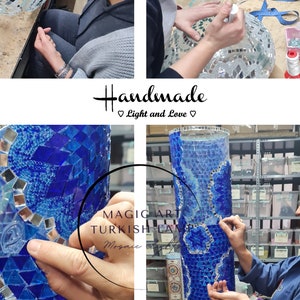 May include: A close-up of a person working on a blue mosaic lamp. The lamp is made of small, blue glass tiles and is being assembled on a clear glass base. The text "MAGIC ART TURKISH LAMP Mosaic" is visible in the image.