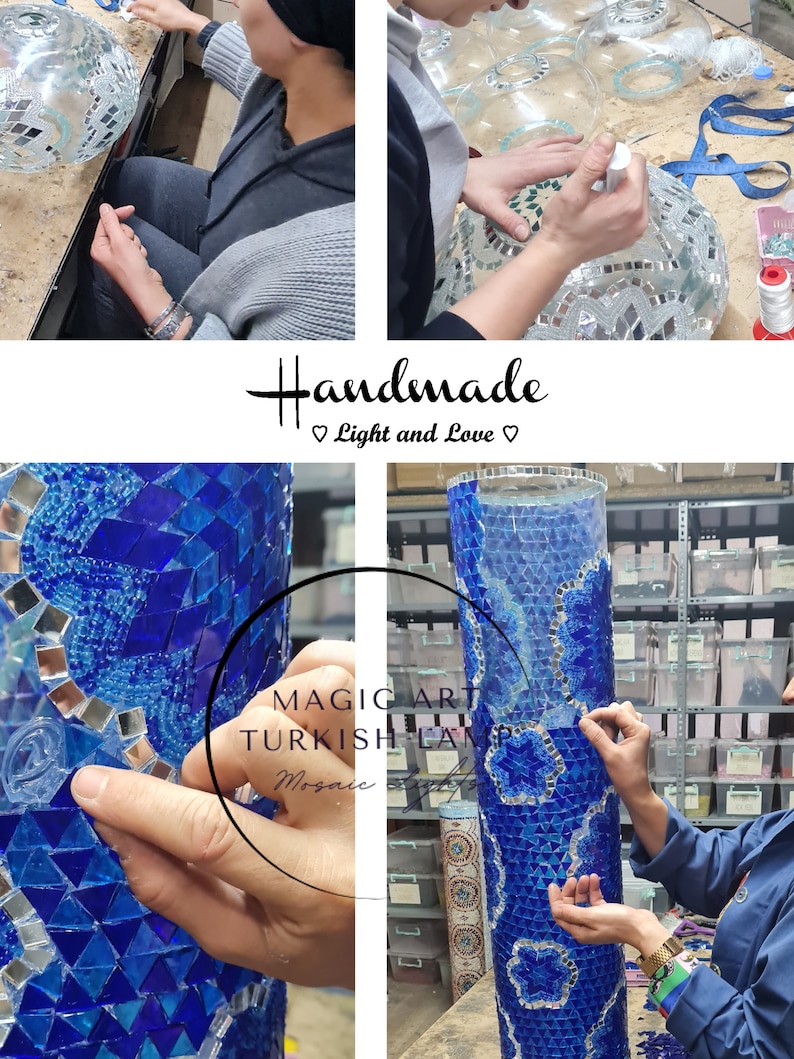 May include: A close-up of a person working on a blue mosaic lamp. The lamp is made of small, blue glass tiles and is being assembled on a clear glass base. The text "MAGIC ART TURKISH LAMP Mosaic" is visible in the image.