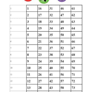 Op de afbeelding: Een blanco bingokaart met genummerde vakjes en het woord "BINGO" in kleurrijke letters bovenaan. De nummers, van 1 tot 75, zijn in een raster gerangschikt, klaar om te spelen.