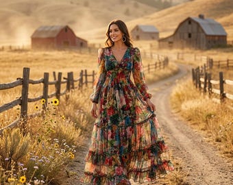 Floral Tiered Maxi Dress, Long Sleeve Boho Gown, Botanical Print Wedding Guest Dress