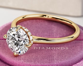 2 Carat Round E VVS2 Lab Grown Diamond Compass Set UNIQUE Engagement Ring / Hidden Halo Cathedral 4 Prong 14k Yellow Gold Solitaire Ring