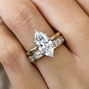Yellow Gold Bridal Set-  2 CT Marquise Lab Grown Diamond Hidden Halo Engagement Ring  and 2.5ct Emerald Cut Bezel Set Eternity Band