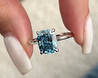 2 Carat Cushion Fancy Vivid Blue Solitaire Ring / Blue Diamond Engagement Ring / Blue Lab Grown Diamond / Colored Diamond / IGI Certified