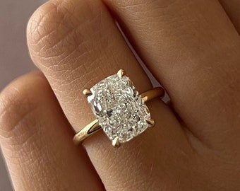 4 Carat Lab Diamond Ring / 4 CT Elongated Cushion Diamond / Elongated Cushion Cut Engagement Ring / 14k Yellow Gold / Thin Engagement Ring