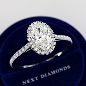 1 Carat Oval Lab Grown D VVS2 Diamond Halo Engagement Ring / 1.5MM Thin Ring / 14k White Gold Hidden Halo Pave Cathedral Ring