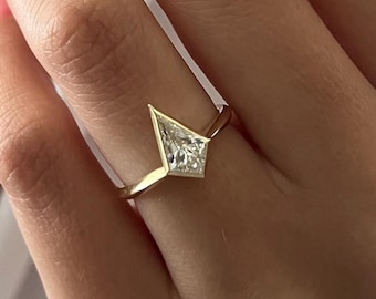 UNIQUE 1 Carat Kite Cut Lab Grown Diamond Ring in 14K Yellow Gold Bezel Set Low Setting Knife Edge Solitaire Ring
