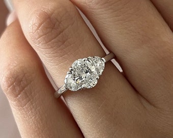 1.4 Carat Oval Lab Grown Diamond Three Stone Ring / Half Moon Diamonds / 1CT Oval F VVS2 Lab Grown Diamond Engagement Ring / Unique 3 Stone