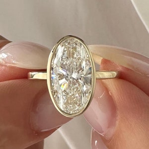 3 Carat Super Elongated Oval Lab Grown Diamond Solitaire Ring in Bezel Set / Long Ratio Oval Diamond / Unique Moval Diamond Ring / 14k Gold