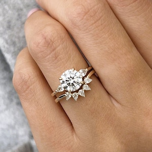 1.5CT Round Lab Grown Diamond Three Stone Bridal Set / Crown Engagement Ring Set / 3 Stone Diamond Ring / Pear & Round Cut / 14K 18K Gold image 1