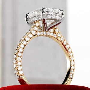 5 Carat Oval E VVS2 Lab Grown Diamond ICED OUT Engagement Ring / 5 Carat 3D Pave Hidden Halo Cathedral Two Tone Oval Ring / 14k Yellow Gold