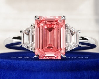 2 Carat Fancy Vivid Pink Emerald Cut Lab Diamond Engagement Ring / Lab Created Pink Diamond / 3 Stone Diamond Ring / Trapezoid Side Diamonds