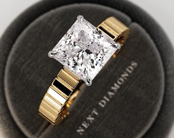3 Carat Princess Cut Lab Grown Diamond E VS1 Thick Engagement Ring / 3.5MM Cigar Band Two Tone Solitaire Ring / Wide Band CVD Diamond Ring
