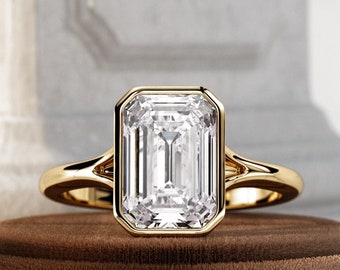 2.5 Carat Emerald Cut Lab Grown Diamond Art Deco Engagement Ring / Split Shank Solitaire Ring / Cathedral High Set CVD Diamond Ring / Unique