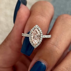 1 Carat Marquise Cut Fancy Intense Pink Lab Grown Diamond Halo Engagement Ring / 1 Of a Kind Baby Pink Diamond / Rose & White Gold