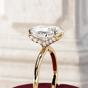3 Carat Elongated Cushion Diamond Engagement Ring / Lab Grown Diamond Paved Prongs Proposal Ring / Dainty Yellow 14k Gold Thin Diamond Ring