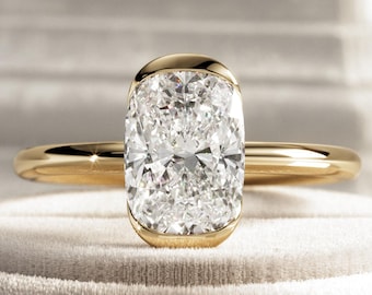 2 Carat Elongated Cushion E VS1 Lab Grown Diamond Half Bezel Engagement Ring / 14k Yellow Gold Low Set Thin Engagement Ring / Stacking Ring