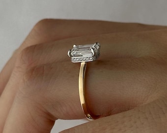 Hidden Halo 2 Carat Emerald Cut E VVS2 Lab Grown Diamond Engagement Ring / Flush Set Ring / 14k Yellow Gold and Platinum Prongs / Two Tone