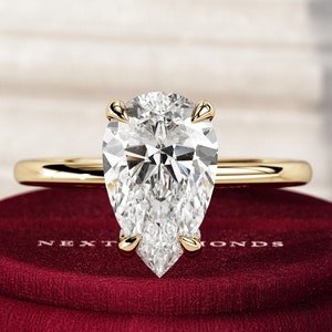 PRONGED PAVE 2 Carat Pear Shape E VVS2 Lab Grown Diamond Dainty Engagement Ring / 14k Yellow Gold Proposal Ring / Pear Cut Minimalist Ring
