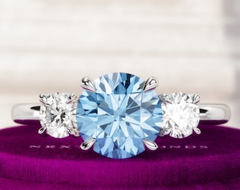 Carat Fancy Vivid Blue Round Lab Grown Diamond Engagement Ring Three  Stone Diamond Ring 18K White Gold Blue Diamond Triad Ring