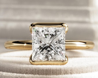 2 Carat Princess Cut E VVS2 Lab Grown Diamond Half Bezel Solitaire Ring / 14k Yellow Gold Low Set Flush Fit Engagement Ring / 1.6MM Band