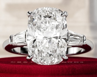 5 Carat F VS1 Elongated Cushion Lab Grown Diamond Three Stone Ring / 14k White Gold Tapered Baguette 3 Stone Ring / Platinum Trilogy Ring