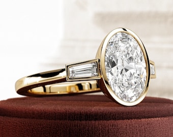 2 Carat VVS2 E Oval Lab Grown Diamond Bezel Set Engagement Ring in Yellow Gold / Baguette Diamonds Three Stone Ring / 3 Stone Diamond Ring