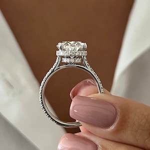 5 Carat Oval E VVS2 Lab Grown Diamond Engagement Ring / Double Hidden Halo Pave Engagement Ring / White Gold High Set One of a Kind Ring