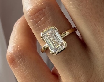 UNIQUE 3.5 Carat Emerald Cut E VVS2 Lab Grown Diamond Half Bezel Engagement Ring / 2MM Dainty 14k Yellow Gold Low Set Flush Fit Solitaire