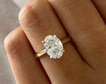 2 CT Oval Lab Grown Diamond Hidden Halo Engagement Ring in Yellow Gold / High Set Cathedral Ring / Oval Cut CVD Diamond Ring / Tapered Shank