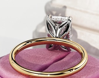 3 Carat Emerald Cut E VVS2 Lab Grown Diamond Hidden Halo Engagement Ring / Floral Anniversary Ring / Flush Fit / Lotus Setting / IGI Cert