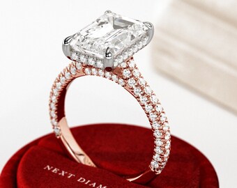 5 Carat Emerald Cut VVS2 F Lab Grown Diamond Iced Out Engagement Ring / Hidden Halo 3D Pave Diamond Ring / 6.0TCW / Two Tone Cathedral Ring