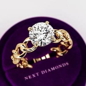3 Carat Round Brilliant Lab Created Diamond Solitaire Ring / Link Chain CVD Diamond Engagement Ring / Unique Anniversary Ring in Yellow Gold