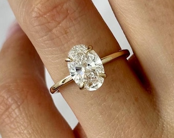 2 Carat Oval E VVS2 IGI Certified Lab Grown Diamond Thin Minimal Engagement Ring / Dainty 1.6MM Minimalist Ring in 14k Yellow Gold Flush Fit
