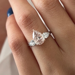 2 Carat Pear Cut Fancy Intense Pink Lab Grown Diamond 3 Stone Ring / 18k White Gold Trilogy Pink Diamond Ring / Pear Side Stones / Platinum