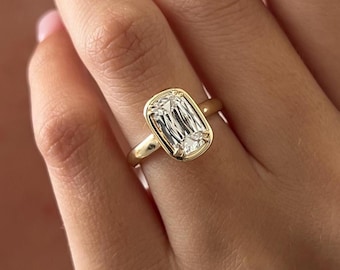 2 Carat Criss Cut Lab Grown Diamond Bezel Set Double Claw Prong Engagement Ring: Solid Yellow Gold Thick Band Unique Solitaire Ring