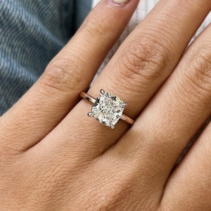 3 Carat Cushion E VVS2 Lab Grown Diamond Engagement Ring / 3CT Square Cushion Solitaire Ring / Two Tone Classic Proposal Ring / 4 Prongs