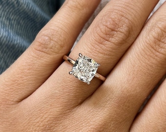3 Carat Cushion E VVS2 Lab Grown Diamond Engagement Ring / 3CT Square Cushion Solitaire Ring / Two Tone Classic Proposal Ring / 4 Prongs