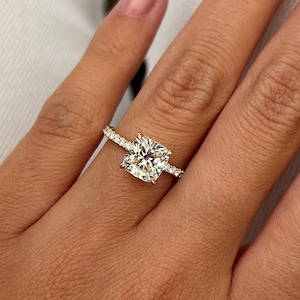 2 Carat Square Cushion Lab Grown Diamond Engagement Ring / Hidden Halo & Pave Cushion Diamond Ring / White Gold Classic Wedding Ring