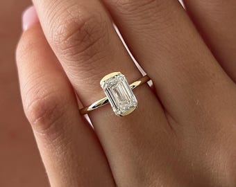 2 Carat Emerald Cut Lab Grown Diamond Half Bezel Engagement Ring: One of a Kind 14k Yellow Gold Art Deco Dainty Solitaire Ring