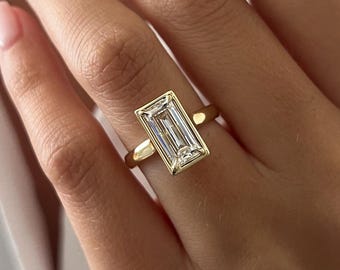 2 Carat Baguette Lab Grown Diamond Unique Bezel Set Art Deco Engagement Ring: Solid 14k or 18K Yellow Gold Flush Fit Bezel-Prong Set Ring