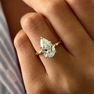 3ct Elongated Pear Cut Lab Grown Diamond Solitaire Ring / VS1 F CVD Diamond Thin Two Tone White Prongs Engagement Ring/  1.7 Ratio Pear