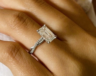 2.5 Carat Emerald Cut E VVS2 Lab Diamond Engagement Ring / Twisted Vain Pave Engagement Ring / Braided Pave Diamond Ring in 14k White Gold